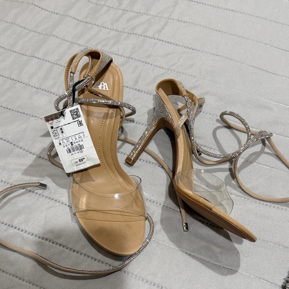 Zara Nude Crystal Lace-Up Stiletto Sandals